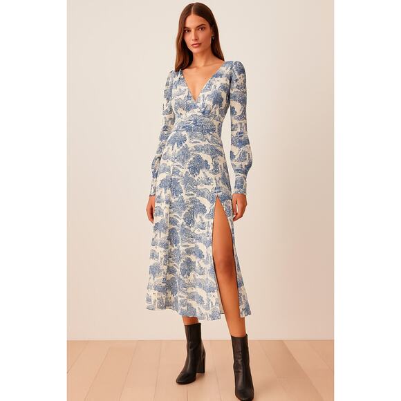 Reformation Juliette Toile Blue White Long Sleeve Slit Midi Dress Size 2 - Picture 1 of 6